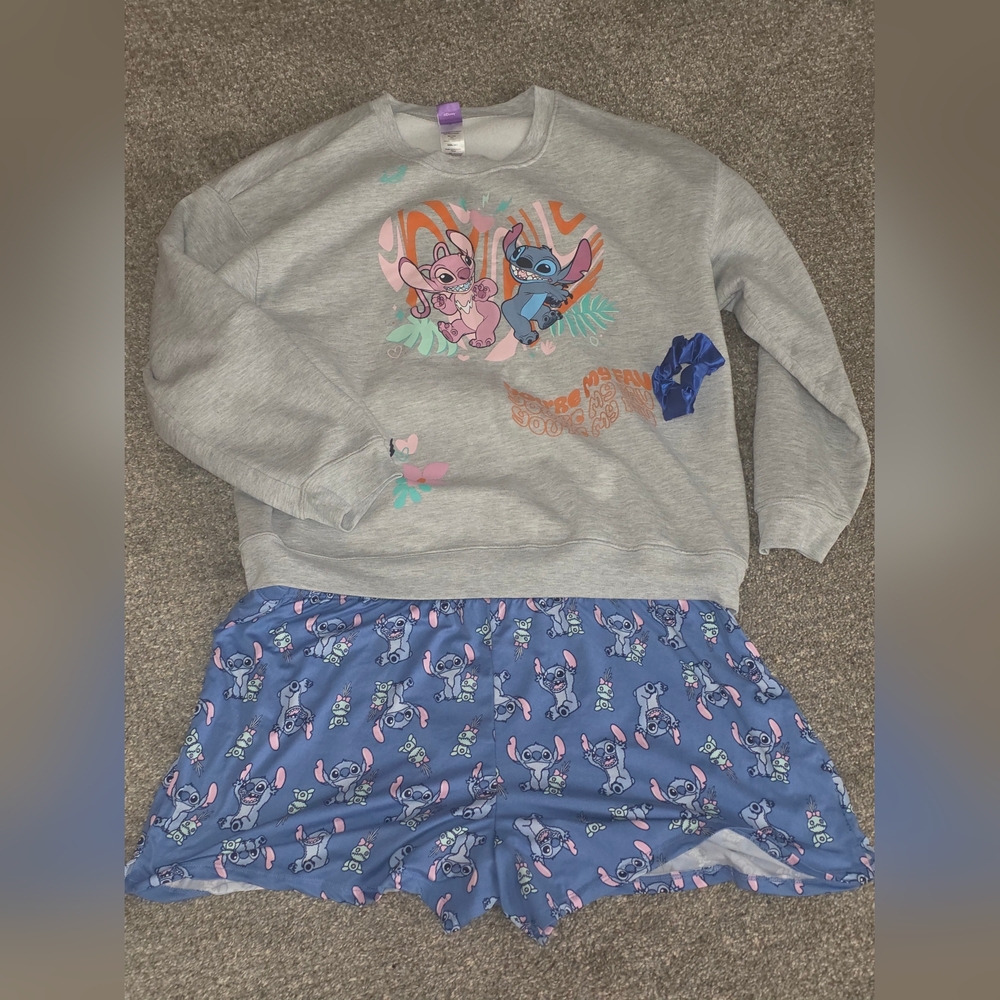 Disney Womans Pajama Set - Gray and Blue with Stitch Design